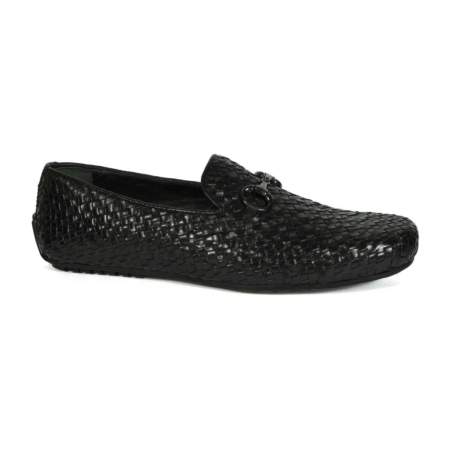 Weaved Leather Driver Sole Horsebit Black Loafers