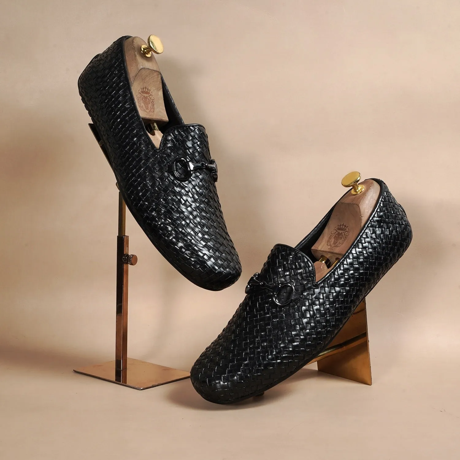 Weaved Leather Driver Sole Horsebit Black Loafers