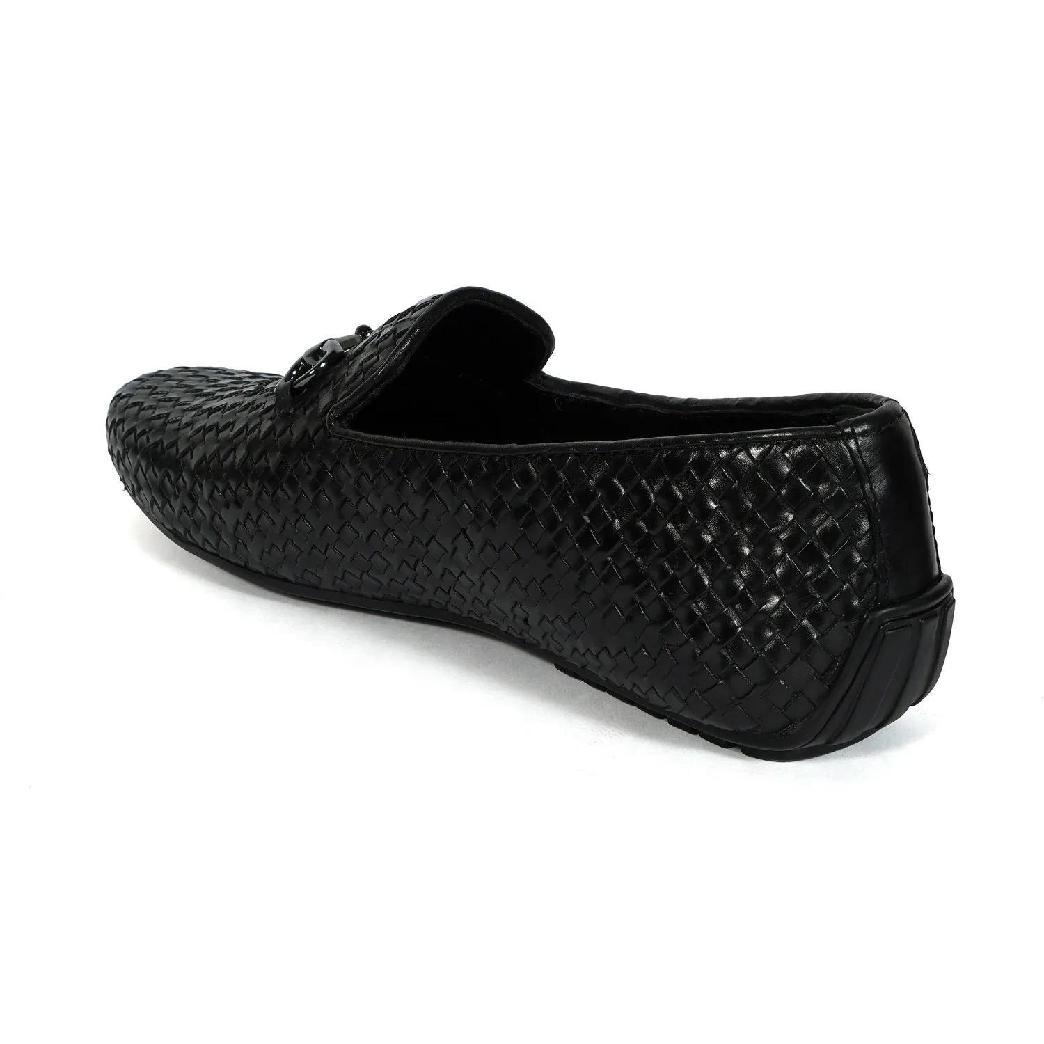 Weaved Leather Driver Sole Horsebit Black Loafers