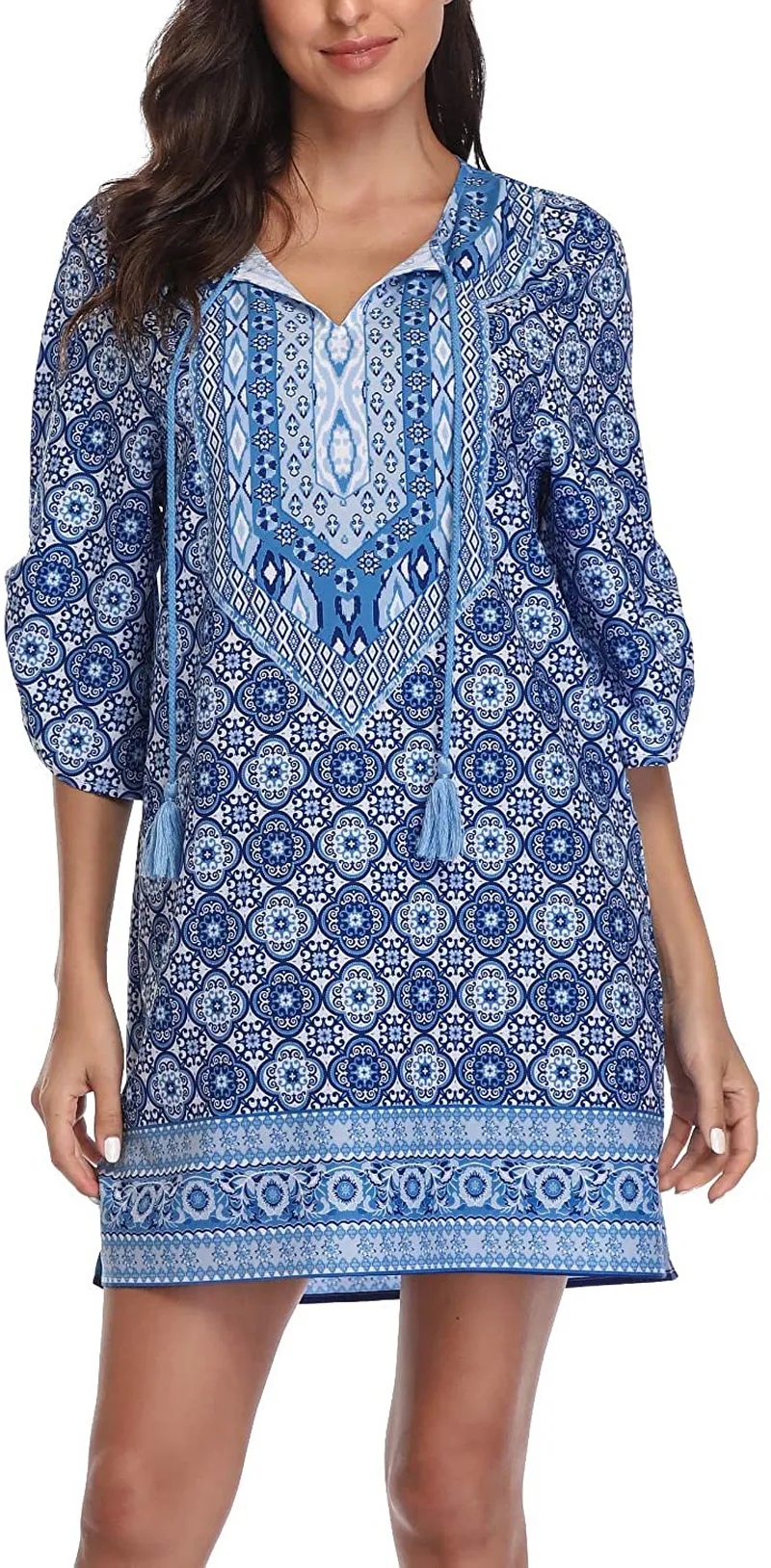 Women Bohemian Neck Tie Vintage Printed Ethnic Style Summer Shift Dress