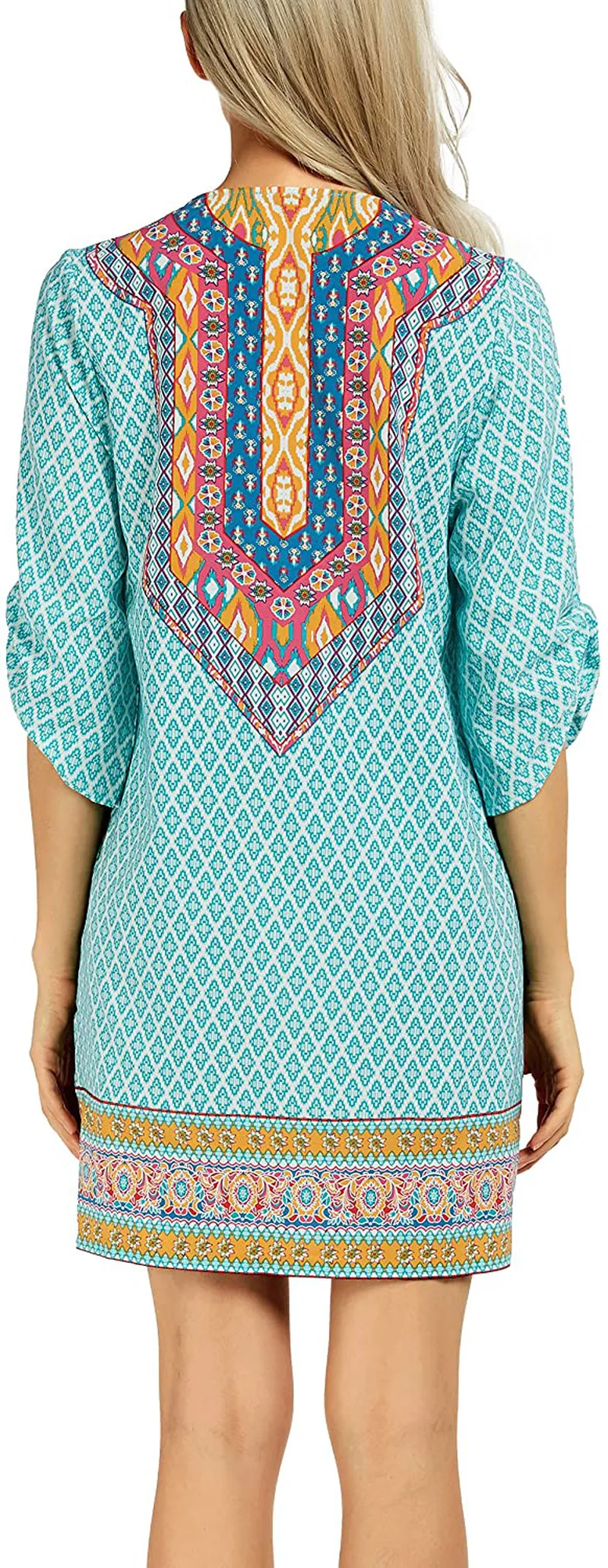 Women Bohemian Neck Tie Vintage Printed Ethnic Style Summer Shift Dress