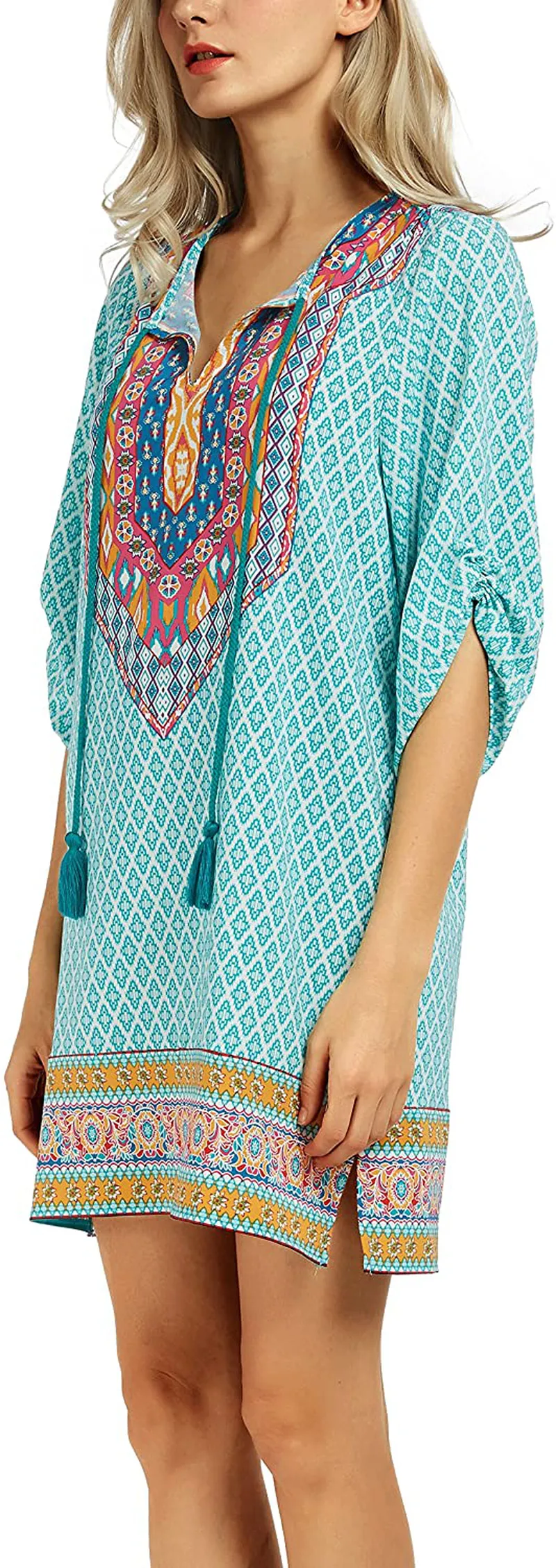 Women Bohemian Neck Tie Vintage Printed Ethnic Style Summer Shift Dress