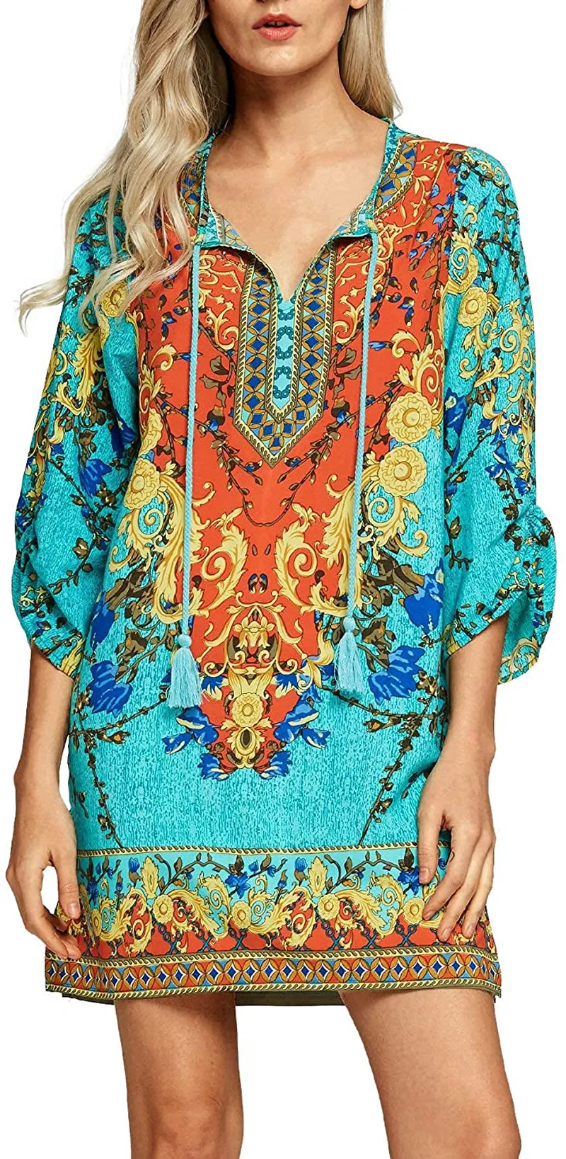 Women Bohemian Neck Tie Vintage Printed Ethnic Style Summer Shift Dress