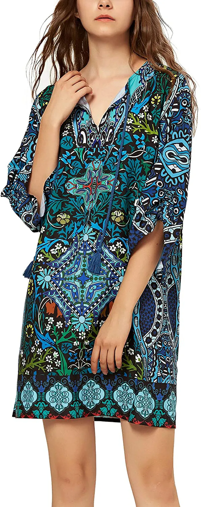 Women Bohemian Neck Tie Vintage Printed Ethnic Style Summer Shift Dress