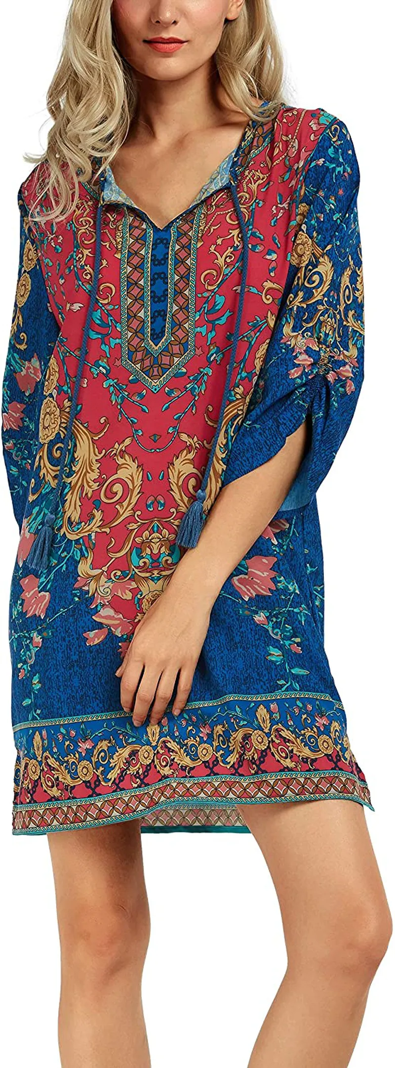 Women Bohemian Neck Tie Vintage Printed Ethnic Style Summer Shift Dress