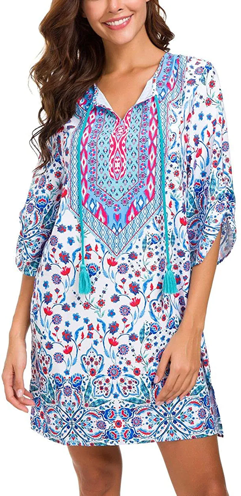 Women Bohemian Neck Tie Vintage Printed Ethnic Style Summer Shift Dress