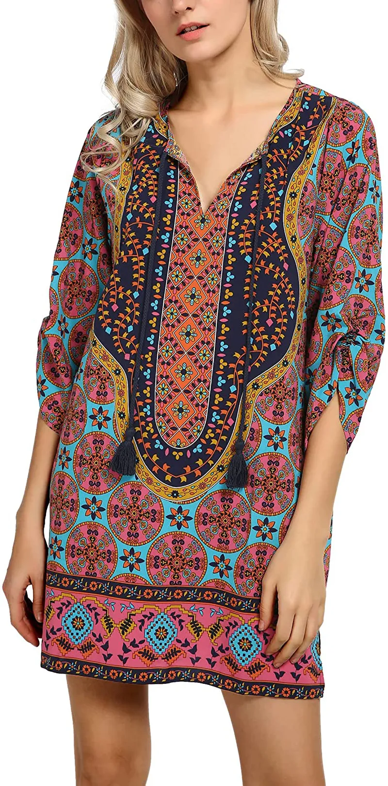 Women Bohemian Neck Tie Vintage Printed Ethnic Style Summer Shift Dress