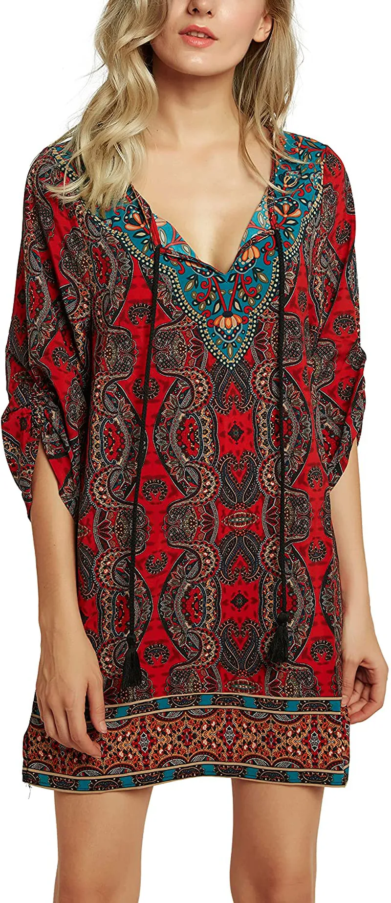 Women Bohemian Neck Tie Vintage Printed Ethnic Style Summer Shift Dress