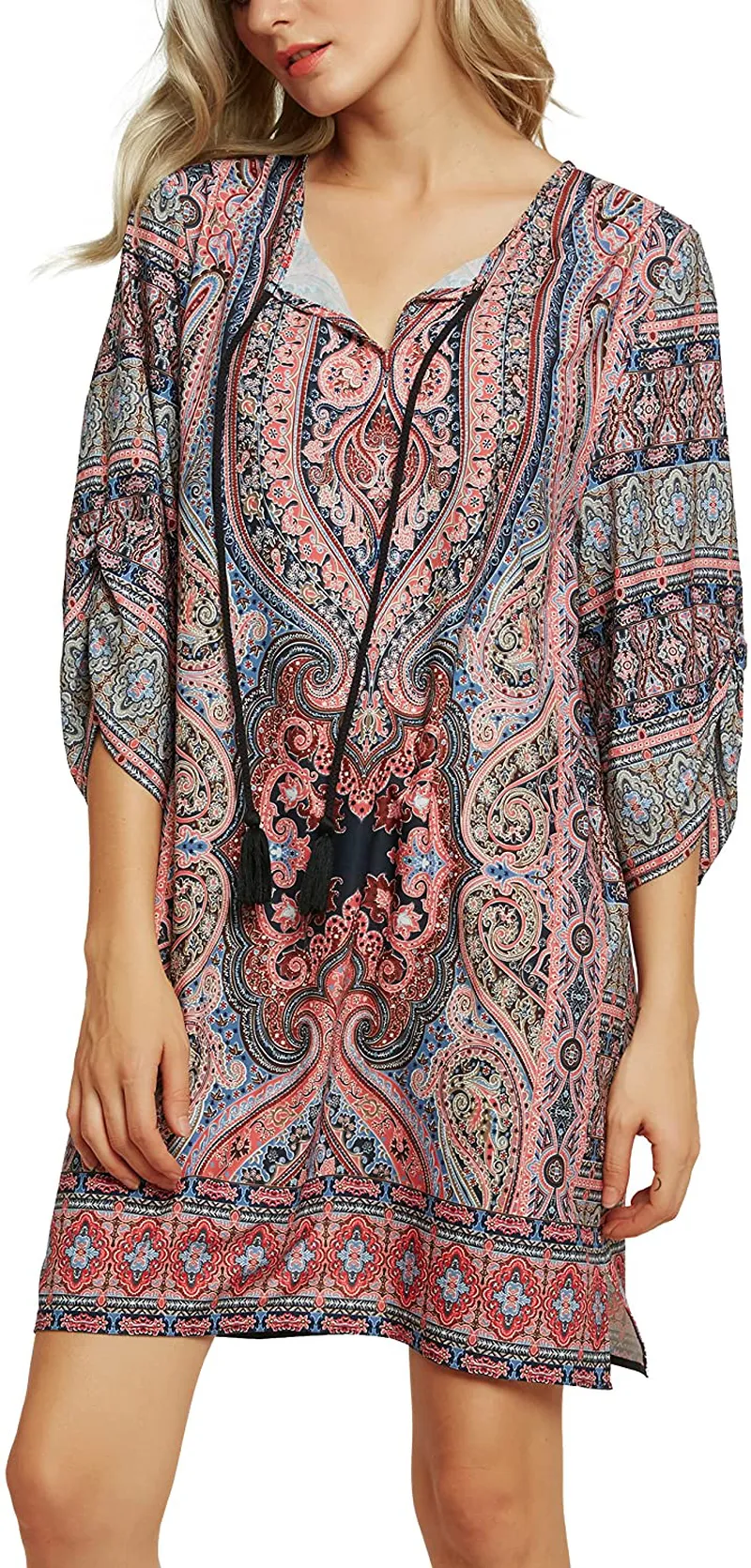 Women Bohemian Neck Tie Vintage Printed Ethnic Style Summer Shift Dress