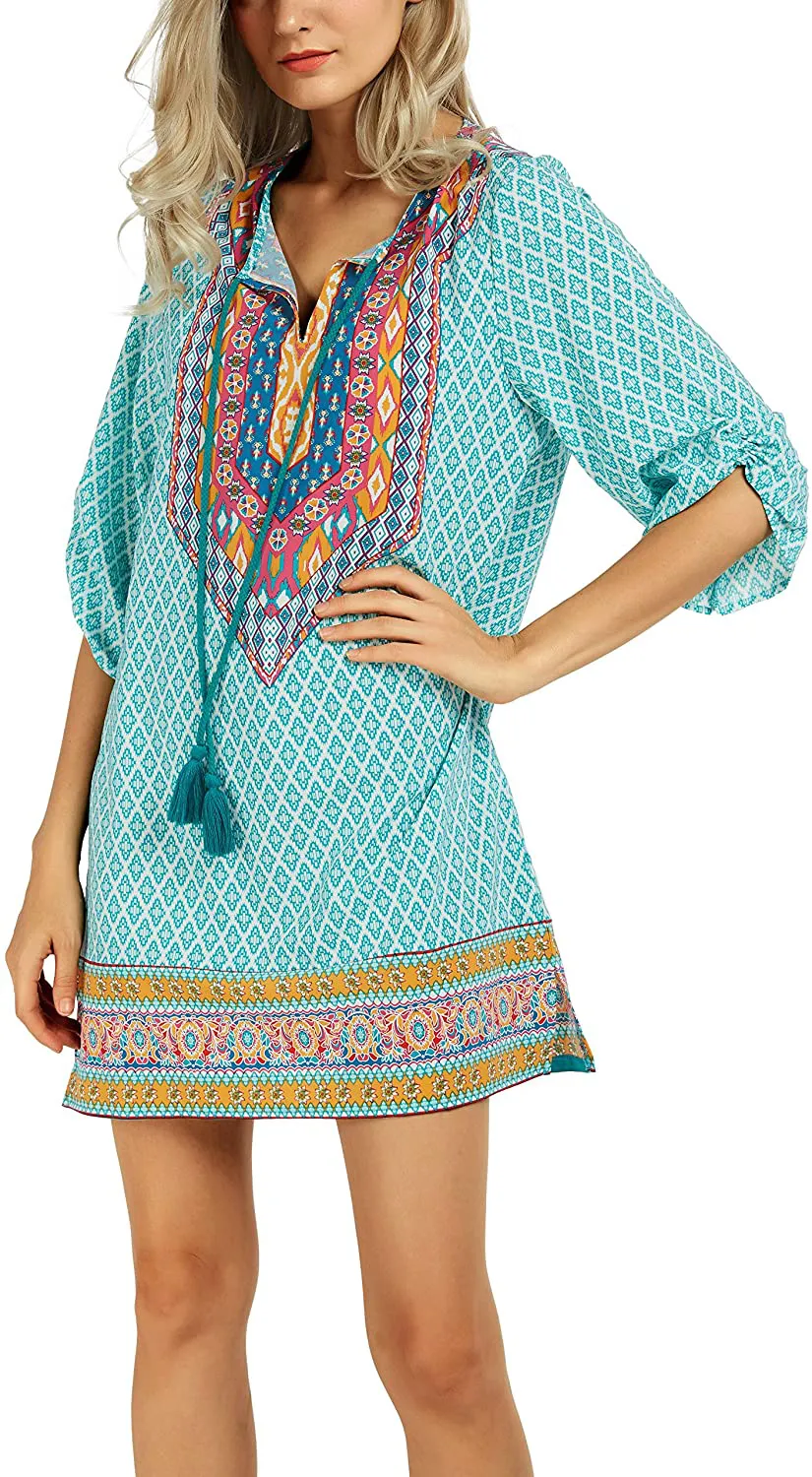 Women Bohemian Neck Tie Vintage Printed Ethnic Style Summer Shift Dress