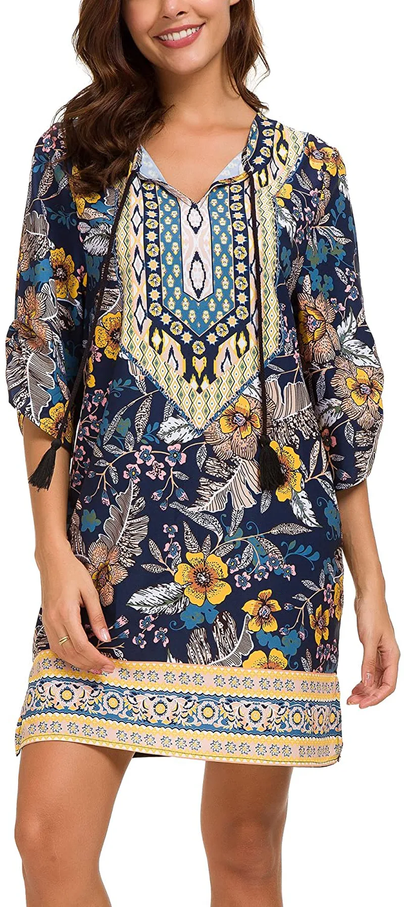 Women Bohemian Neck Tie Vintage Printed Ethnic Style Summer Shift Dress