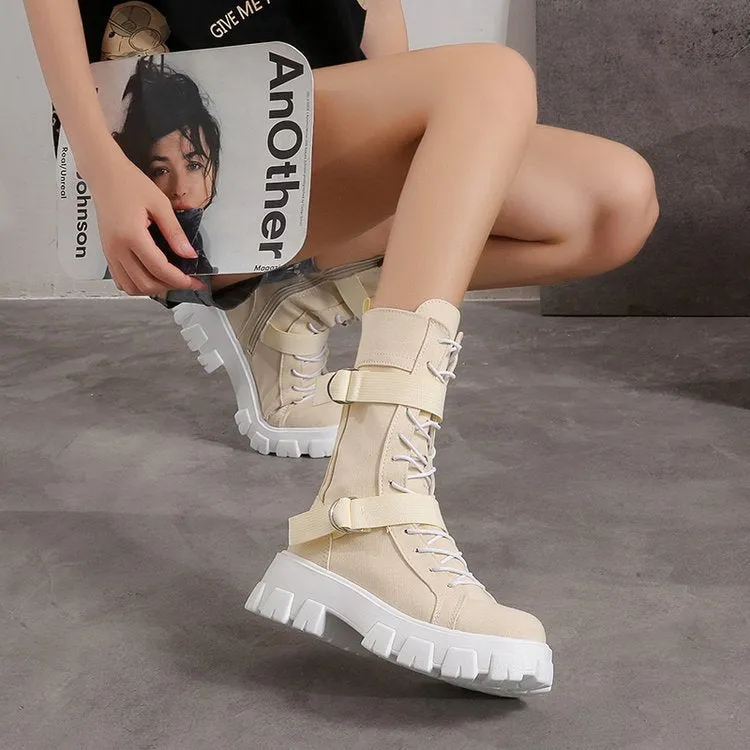 women Canvas thick sole boots motorcycle boots