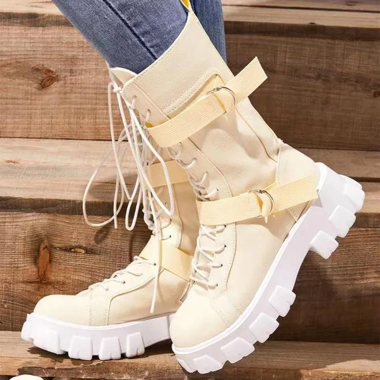 women Canvas thick sole boots motorcycle boots