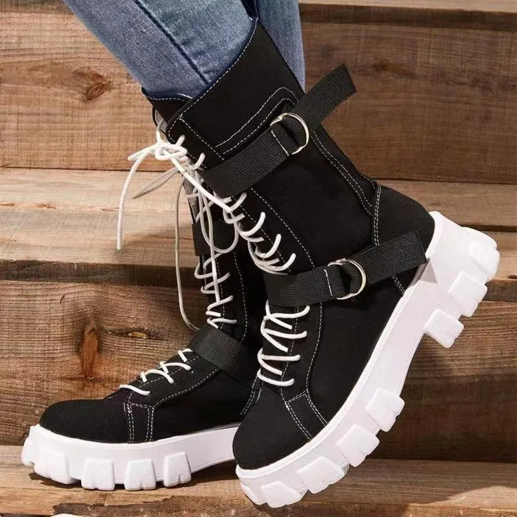 women Canvas thick sole boots motorcycle boots