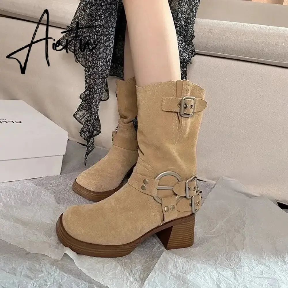 Women Casual Shoes Vintage Cowboy Boot Frosted Leather Thick Heel Brown Fashionable Soft Leather Shoes Mid Length Boots