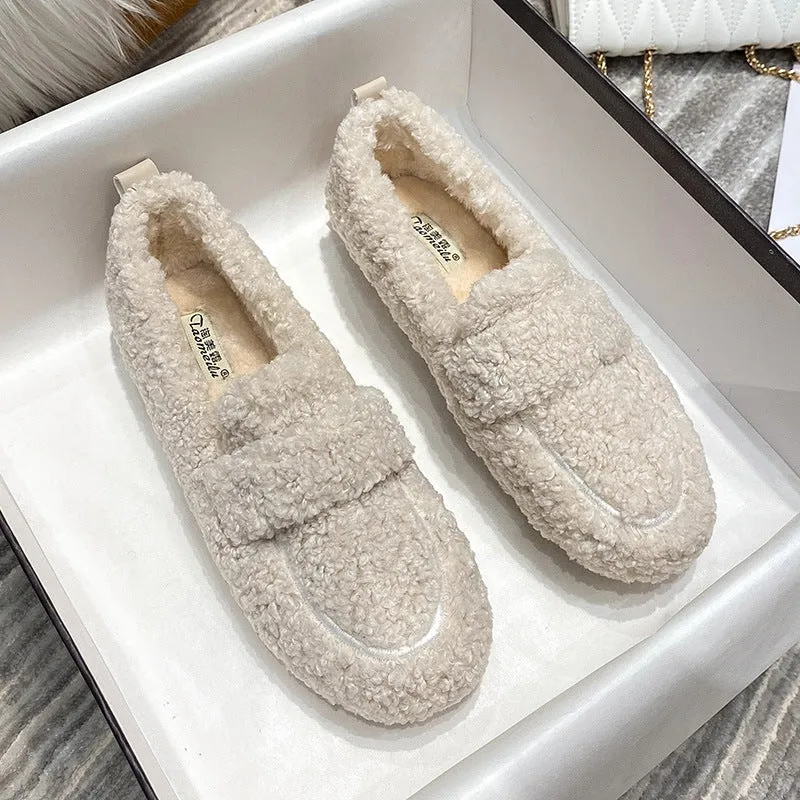 Women Cute Winter Warm Lamb Fur Flat Shoes Loafers