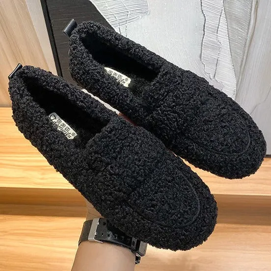 Women Cute Winter Warm Lamb Fur Flat Shoes Loafers