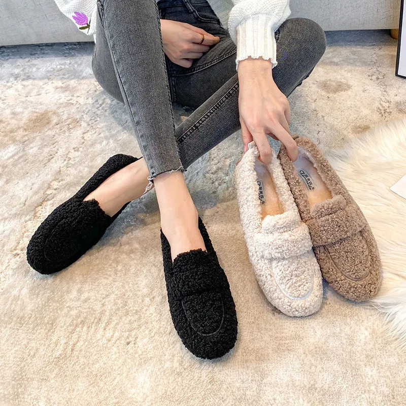 Women Cute Winter Warm Lamb Fur Flat Shoes Loafers