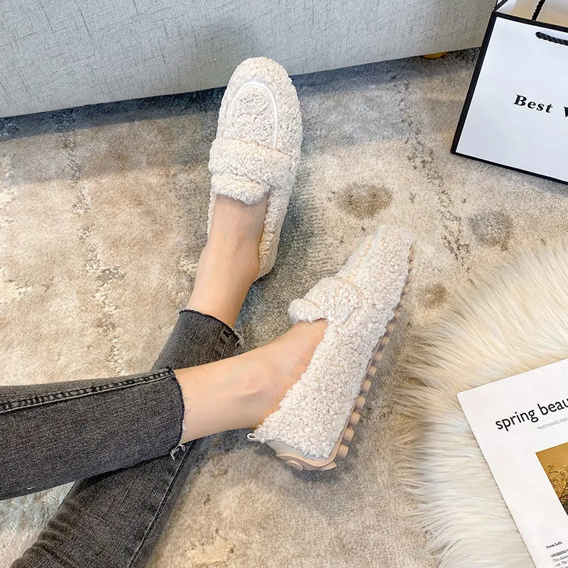 Women Cute Winter Warm Lamb Fur Flat Shoes Loafers