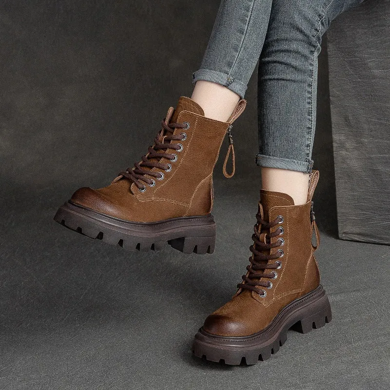 Women Fashion Solid Leather Motorcycle Riding Boots