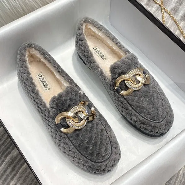 Women Faux-Fur Loafers Metal Chain Winter Warm & Comfortable Plush Shoes