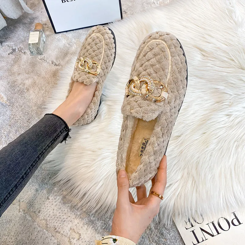 Women Faux-Fur Loafers Metal Chain Winter Warm & Comfortable Plush Shoes