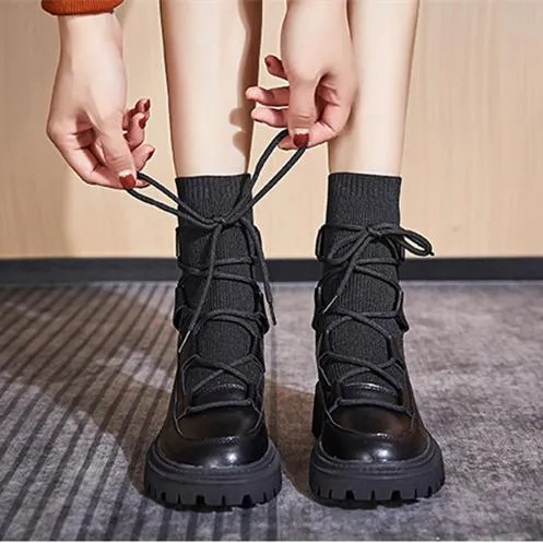 Women knit chunky heel platform lace up black short motorcycle boots