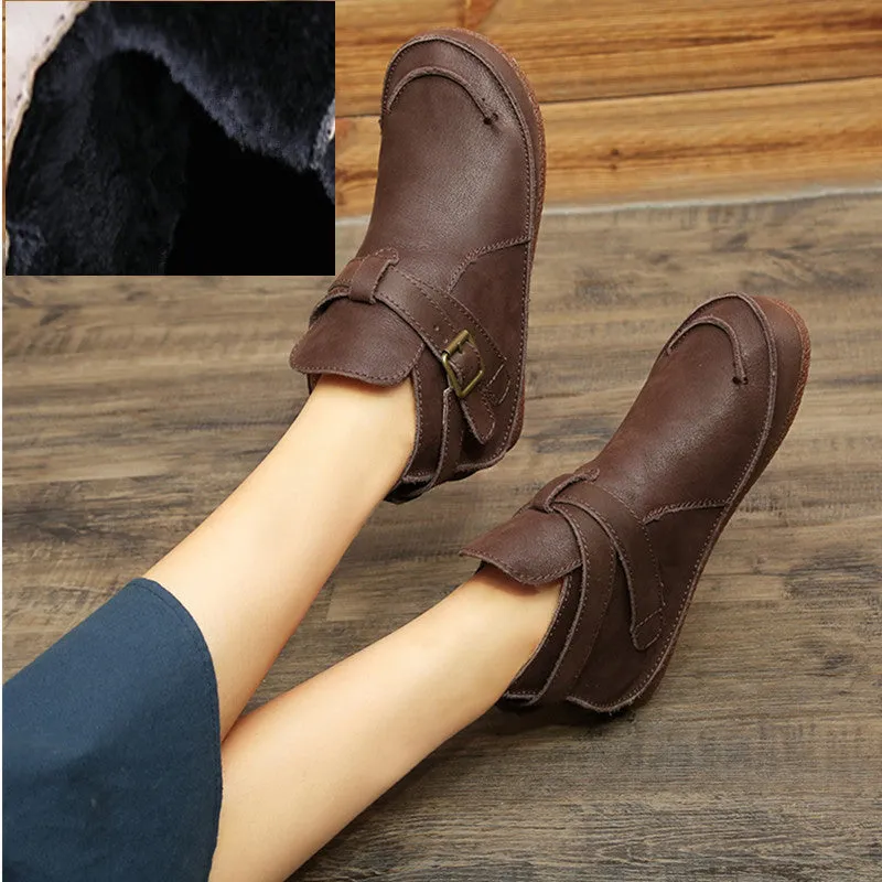 Women Leather Vintage Buckled Ankle Boots