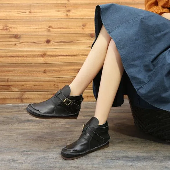 Women Leather Vintage Buckled Ankle Boots