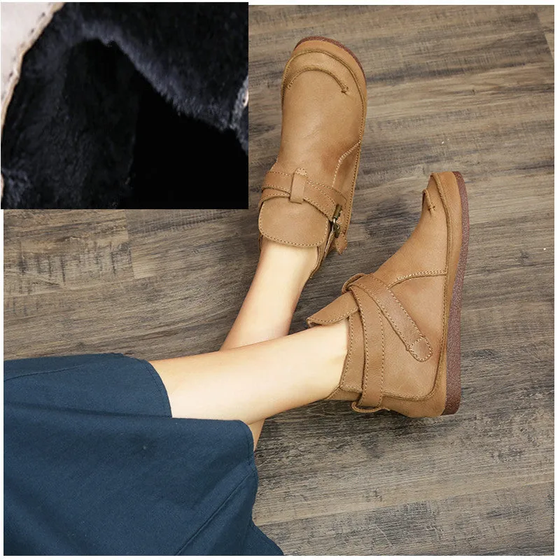 Women Leather Vintage Buckled Ankle Boots