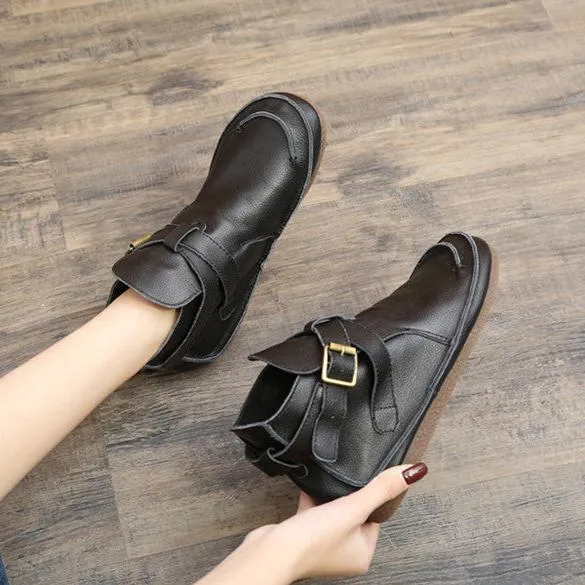 Women Leather Vintage Buckled Ankle Boots