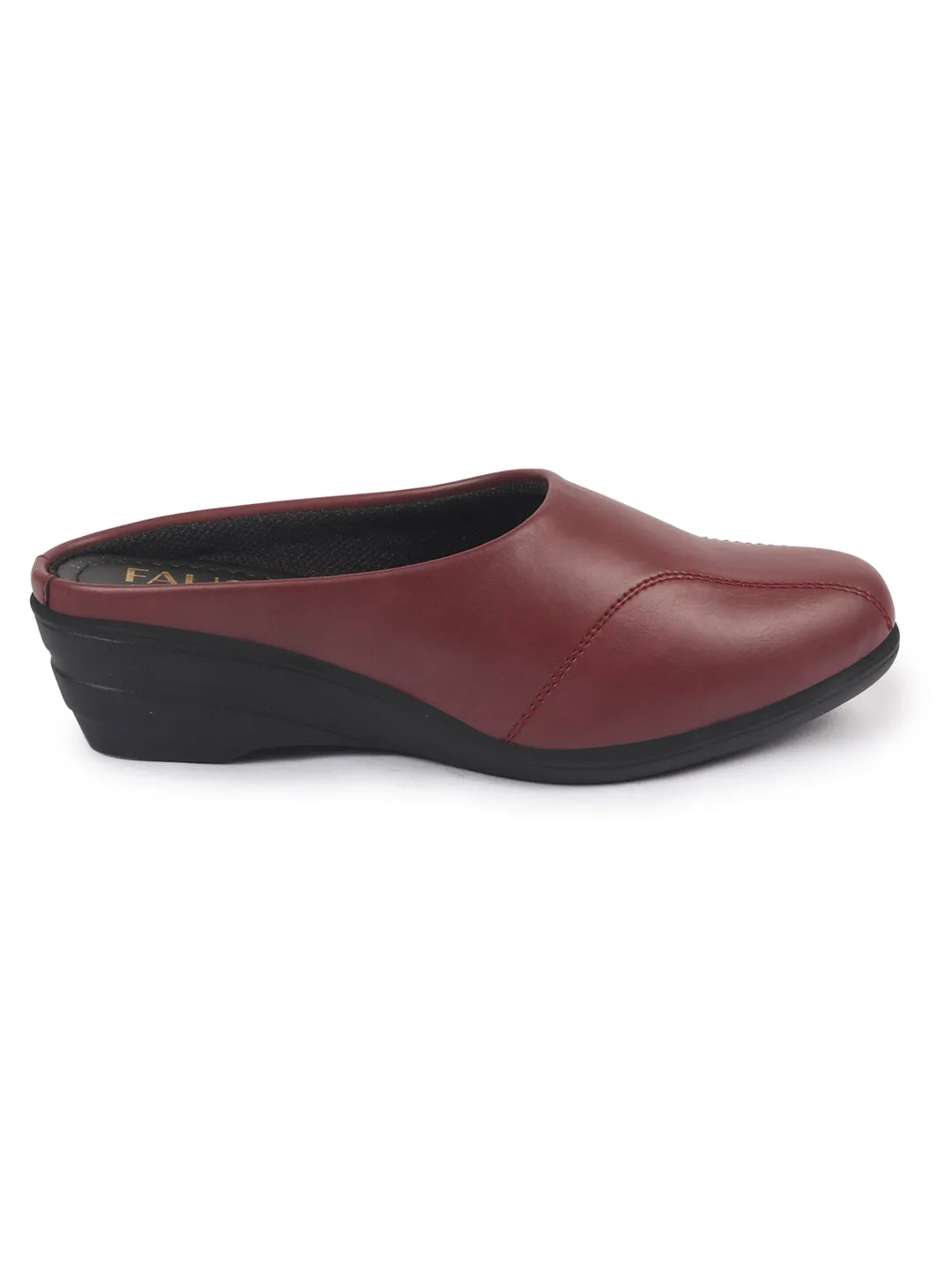 Women Maroon Formal Back Open Platform Wedge Heel Slip On Mule Shoes