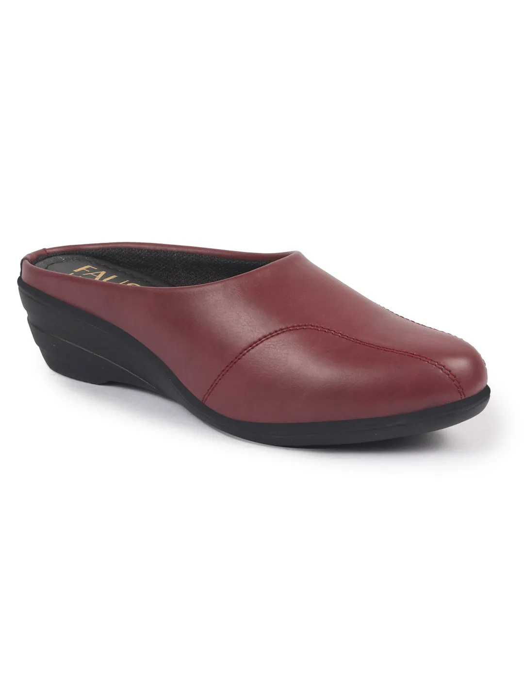 Women Maroon Formal Back Open Platform Wedge Heel Slip On Mule Shoes