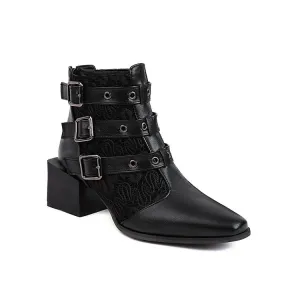 Women's Bicolor Pu Leather Pointed Toe Buckles Block Heel Short Boots