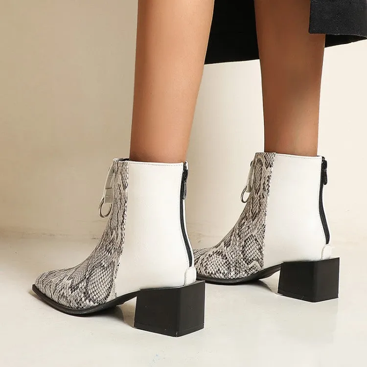 Women's Bicolor Snake Printed Pointed Toe Block Chunky Heel Short Boots