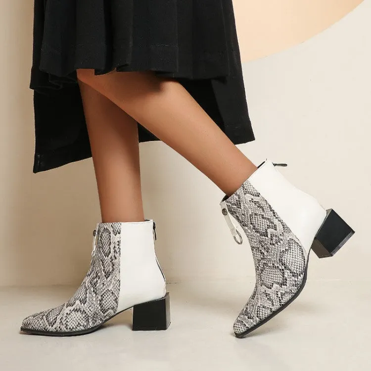 Women's Bicolor Snake Printed Pointed Toe Block Chunky Heel Short Boots