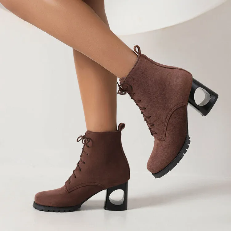 Women's Booties Flock Round Toe Lace Up Block Heel Ankle Boots