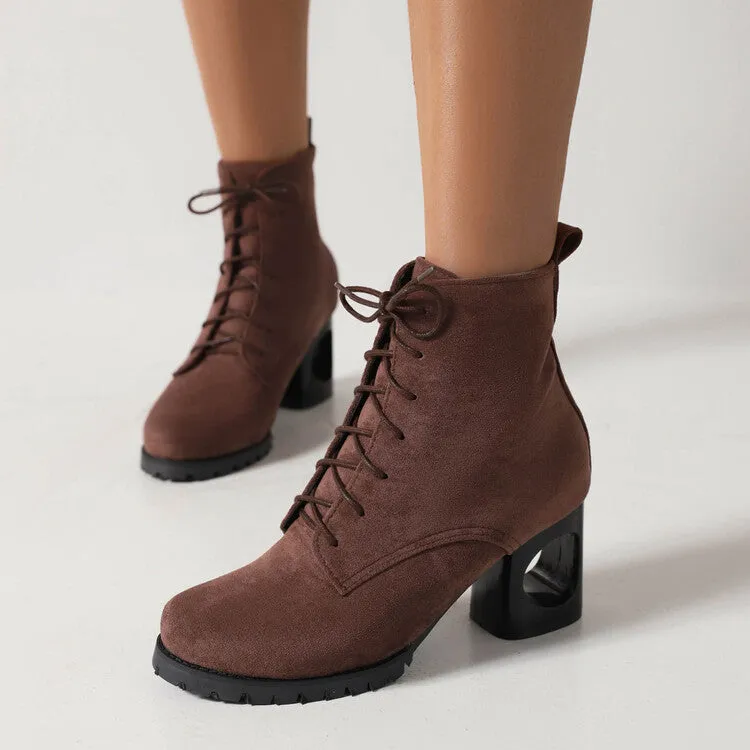 Women's Booties Flock Round Toe Lace Up Block Heel Ankle Boots