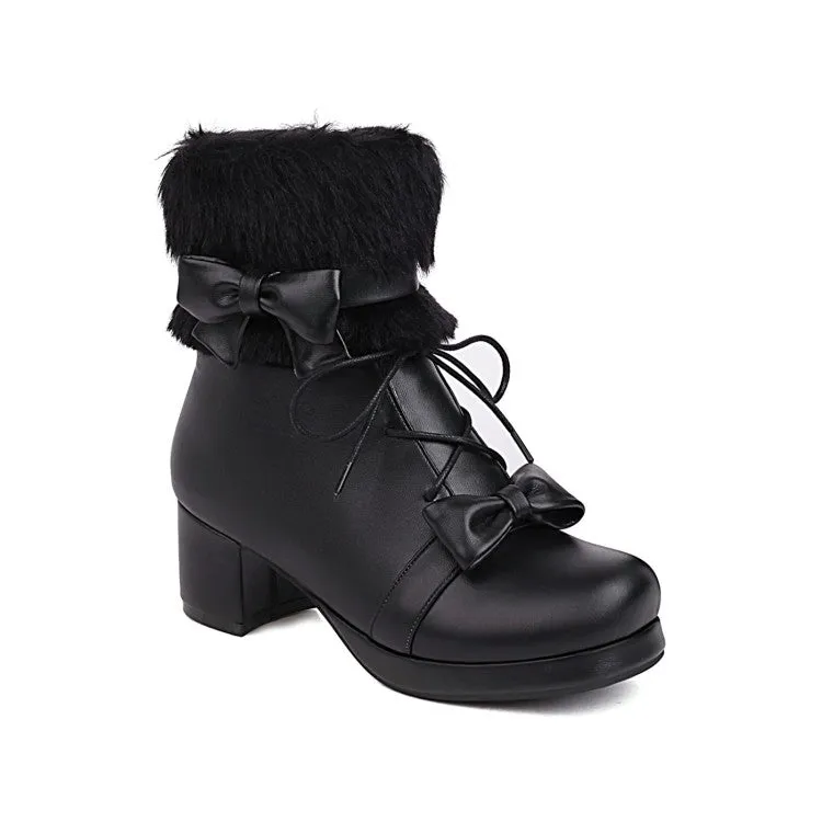 Women's  Bowtie Lace Up High Heel Short Snow Boots