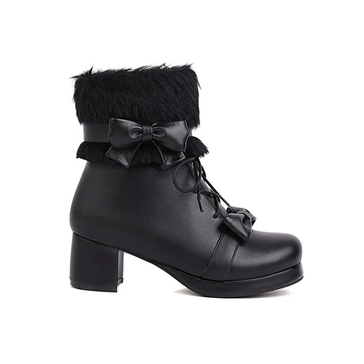 Women's  Bowtie Lace Up High Heel Short Snow Boots