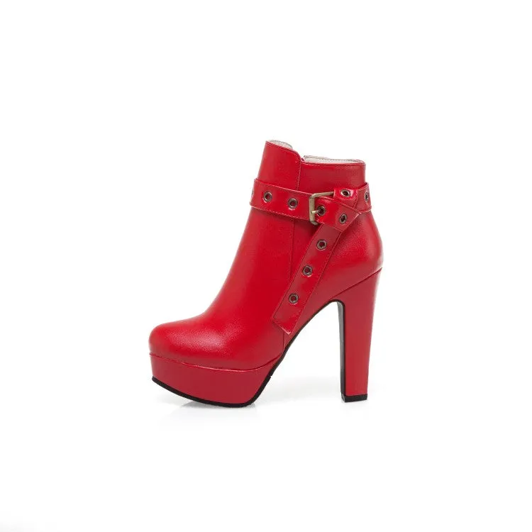 Women's Buckle Belt Platform High Heel Short Boots