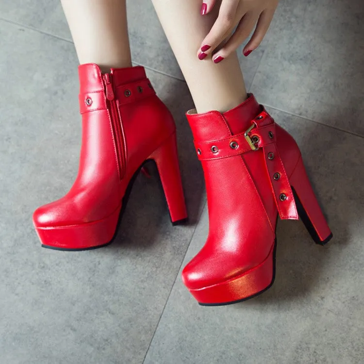 Women's Buckle Belt Platform High Heel Short Boots