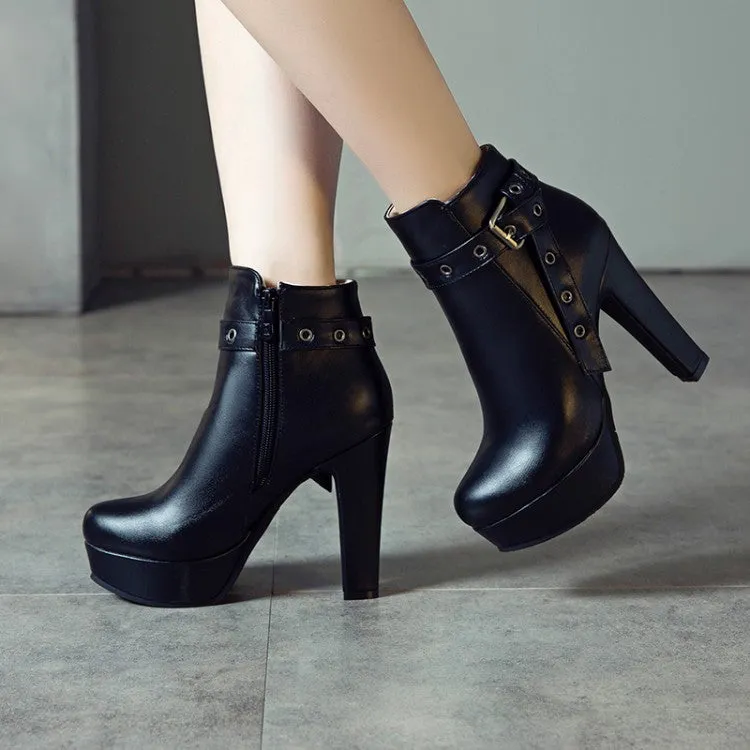 Women's Buckle Belt Platform High Heel Short Boots