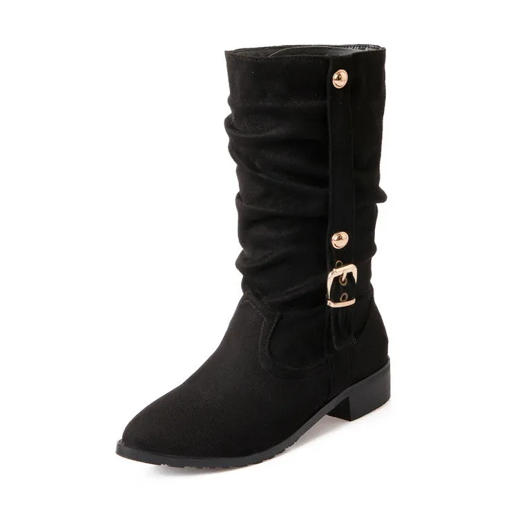 Women's Buckle Low Heel Mid Calf Boots