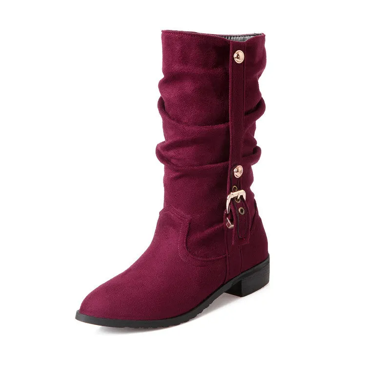 Women's Buckle Low Heel Mid Calf Boots