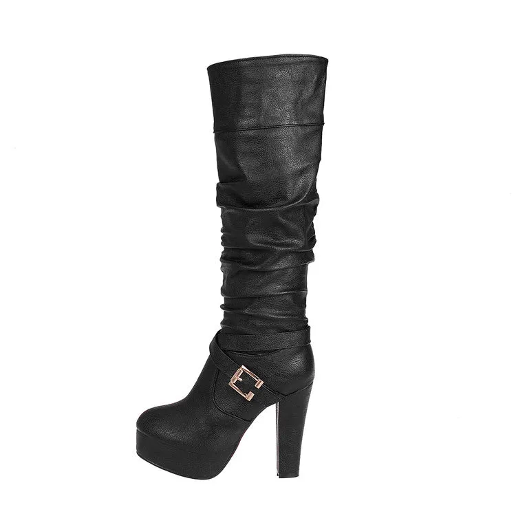 Women's Buckle Platform High Heel Knee High Boots