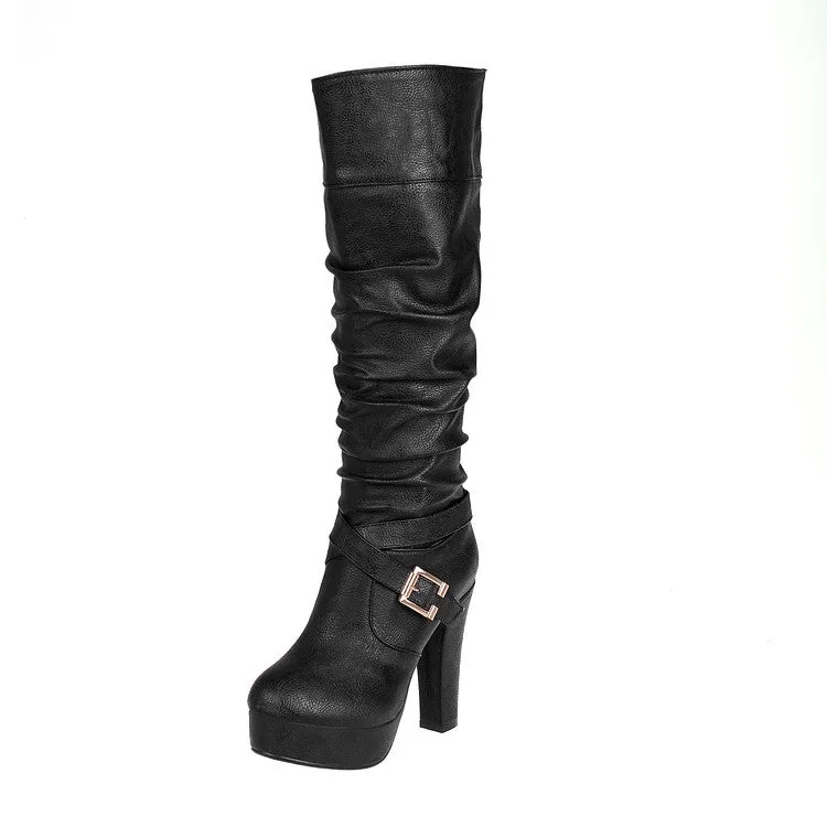 Women's Buckle Platform High Heel Knee High Boots