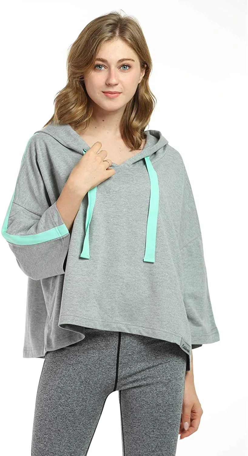 Women’s Casual Cropped Hoodie, 3/4 Sleeve Loose Pullover Sweatshirt Crop Top