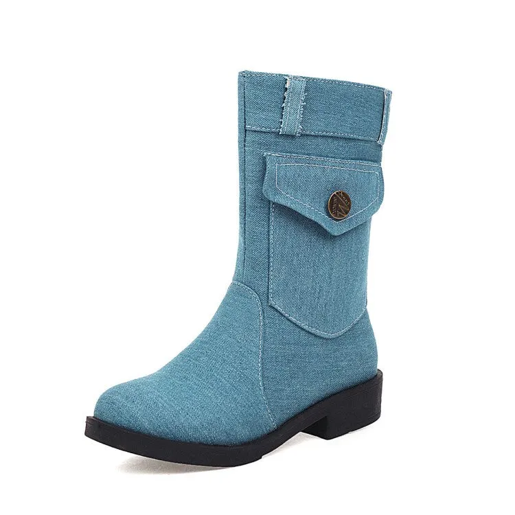 Women's  Denim Low Heel Mid Calf Boots