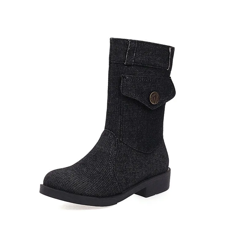 Women's  Denim Low Heel Mid Calf Boots